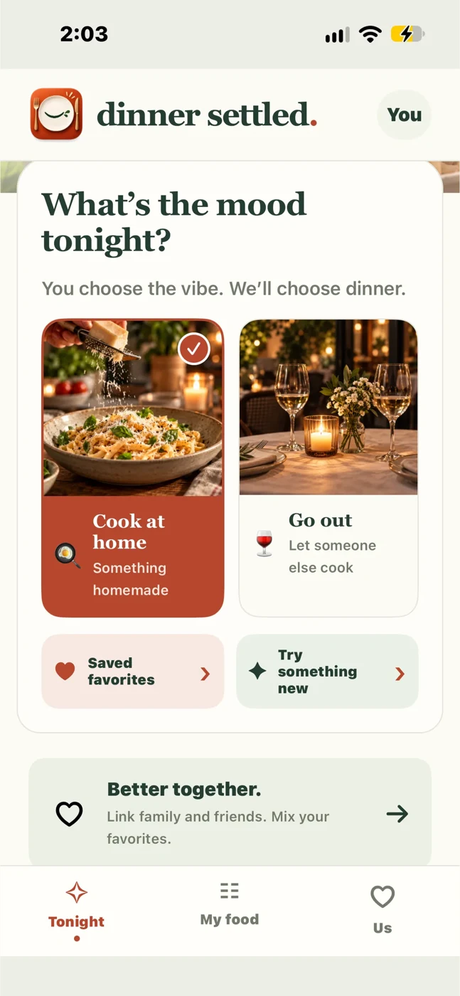 Dinner Settled app interface