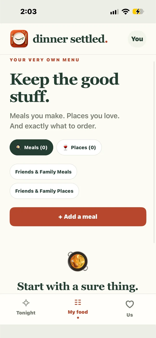 Dinner Settled Your food screen
