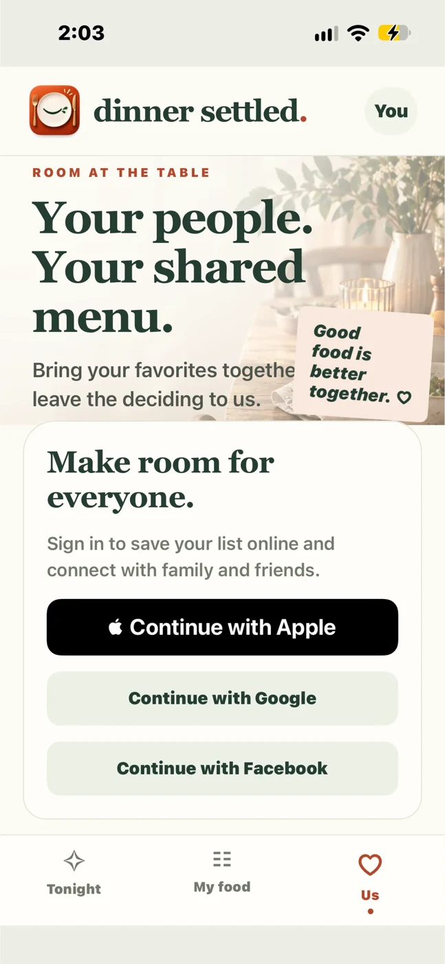 Dinner Settled Your people screen